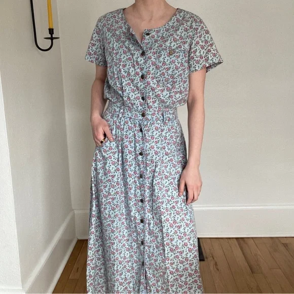 Vintage Liz Wear Floral Button Up Cottagecore Whimsical Midi Dress Size 4 Petite - Picture 2 of 11